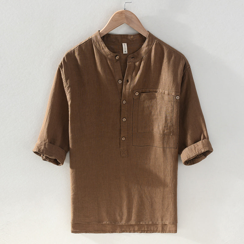 Pure Linen Stand Collar Short Sleeve Shirt