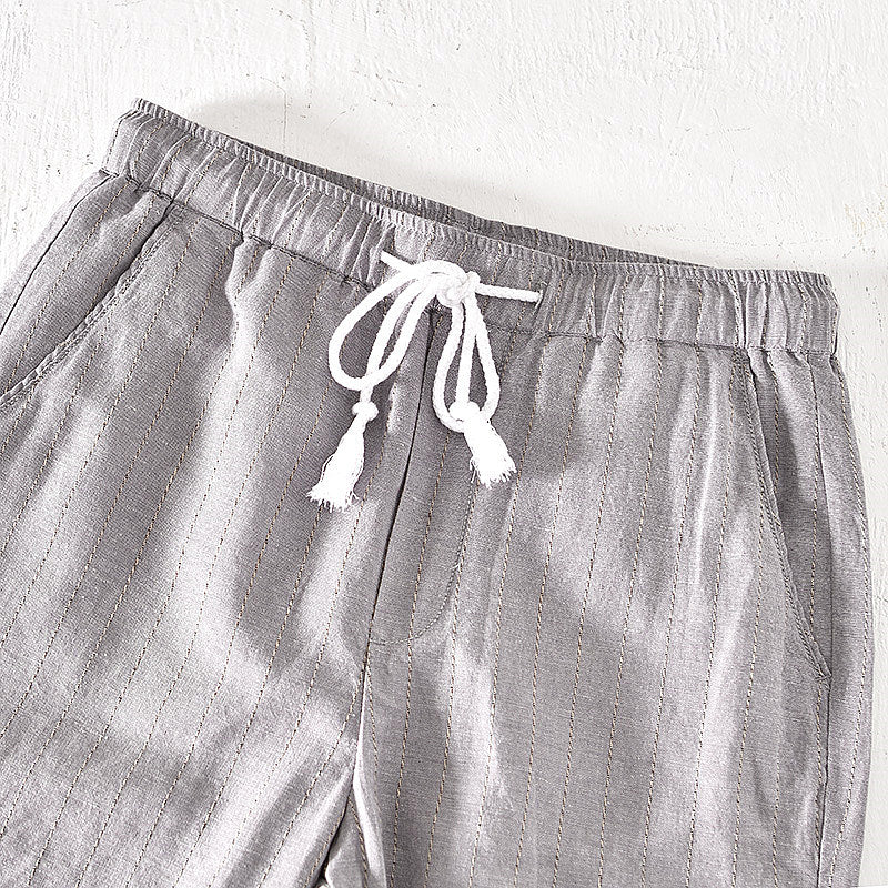 Cotton Linen Striped Drawstring Shorts