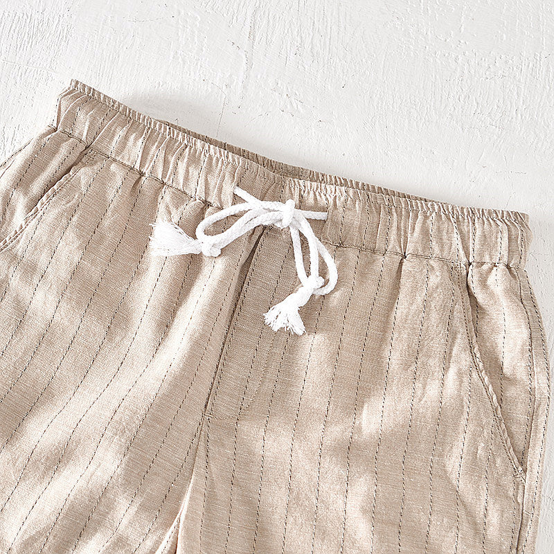 Cotton Linen Striped Drawstring Shorts