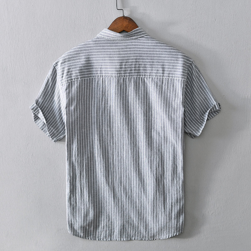 Cotton Linen Breathable Stand Collar Stripe Short Sleeved Shirt