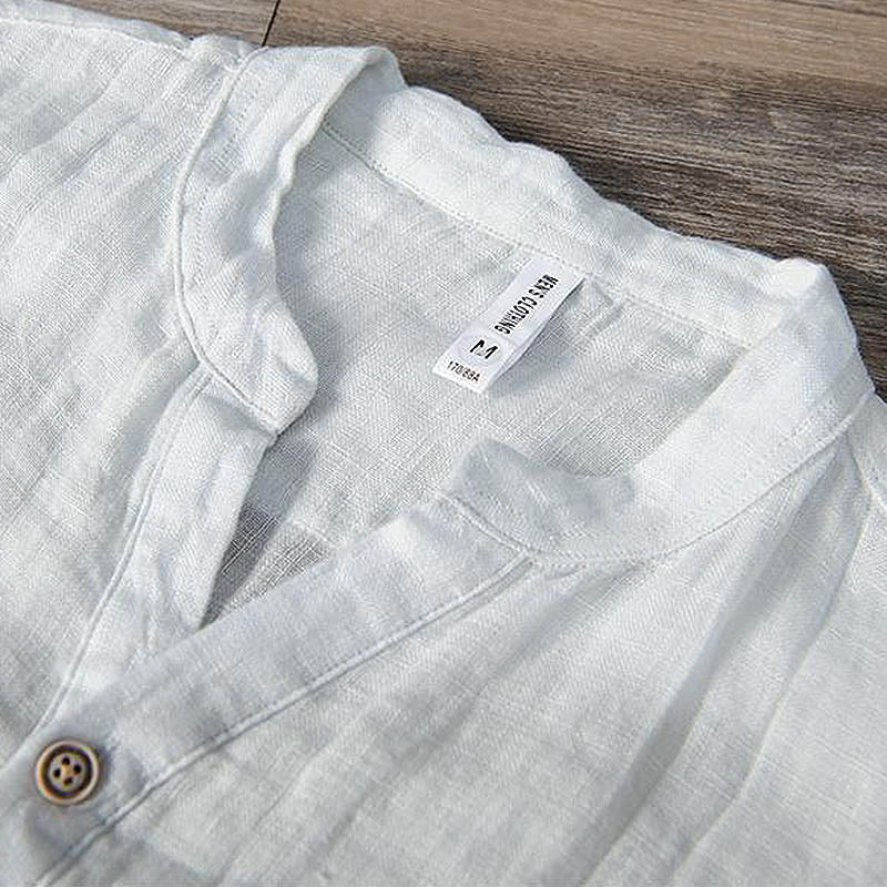 Pure Linen Vintage V-Neck Short Sleeve Shirt