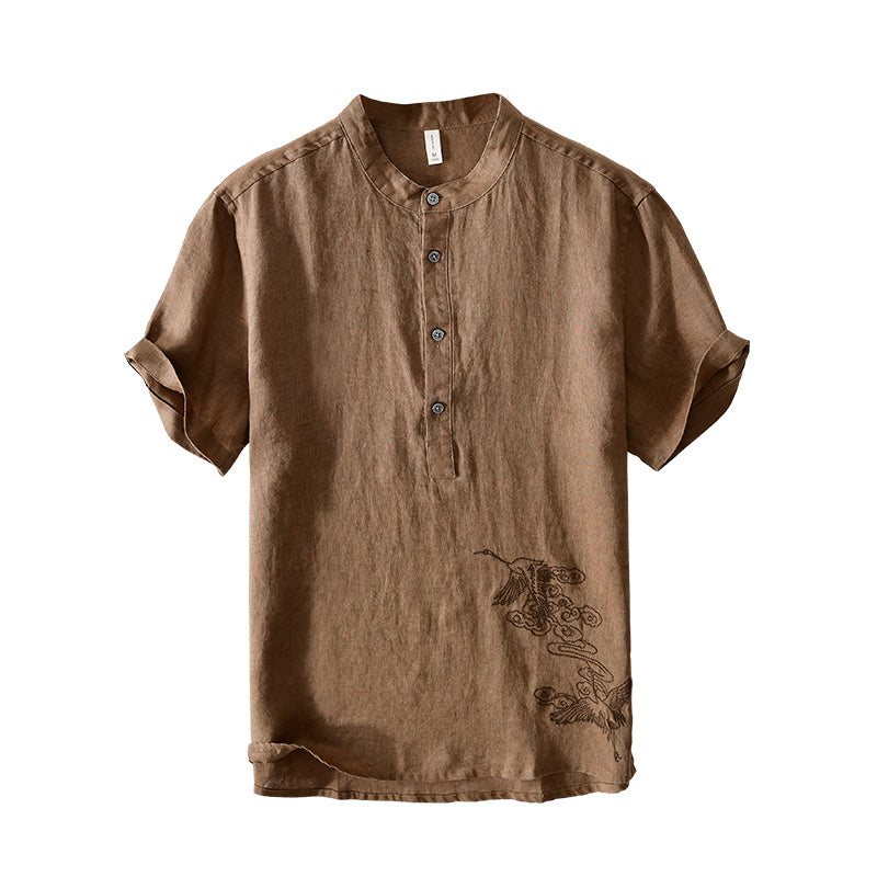 Pure Linen Embroidered Short Sleeve Shirt