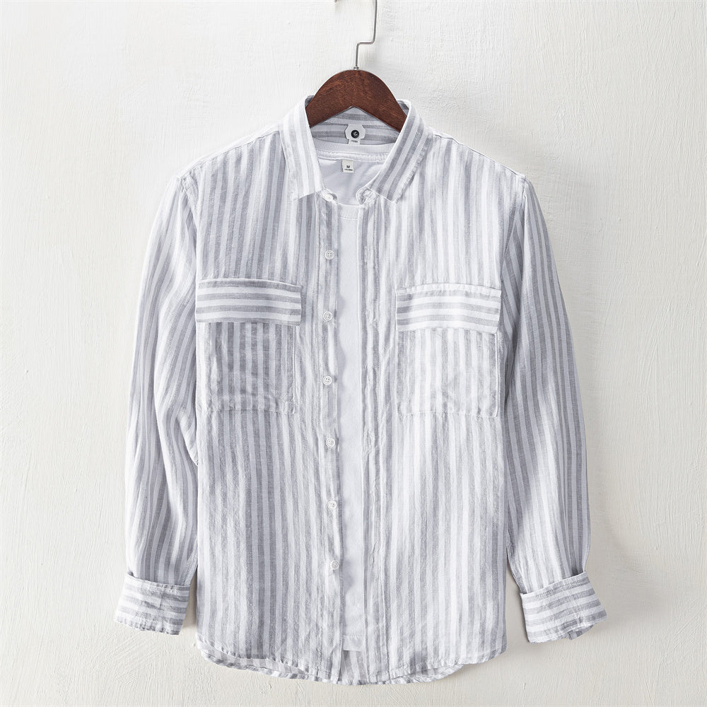 Pure Linen Striped Pocket Casual Long Sleeve Shirt