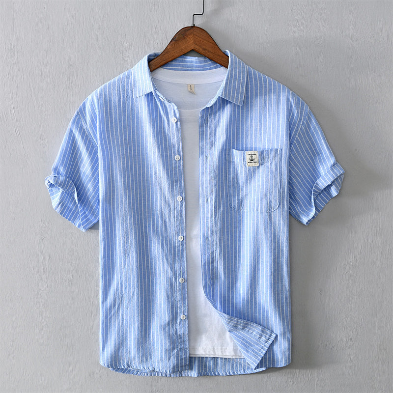 Cotton Linen Breathable Stand Collar Stripe Short Sleeved Shirt