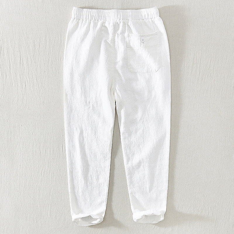 Cotton Ramie Drawstring Casual Cropped Pants