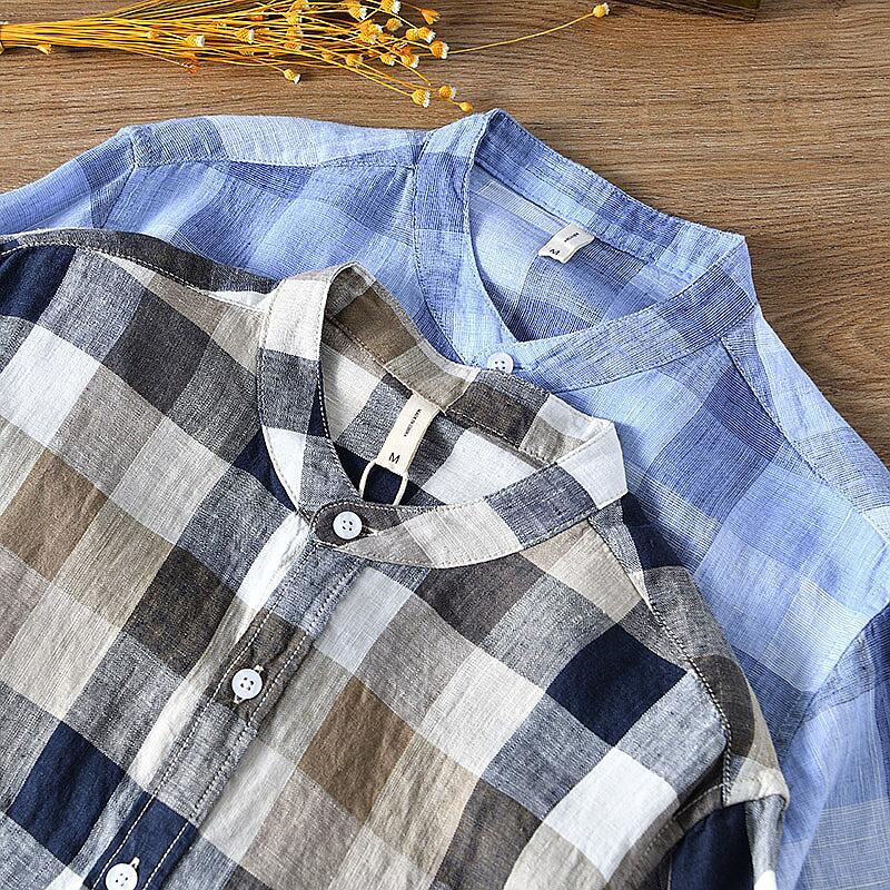 Pure Linen Check Print Long Sleeve Shirt