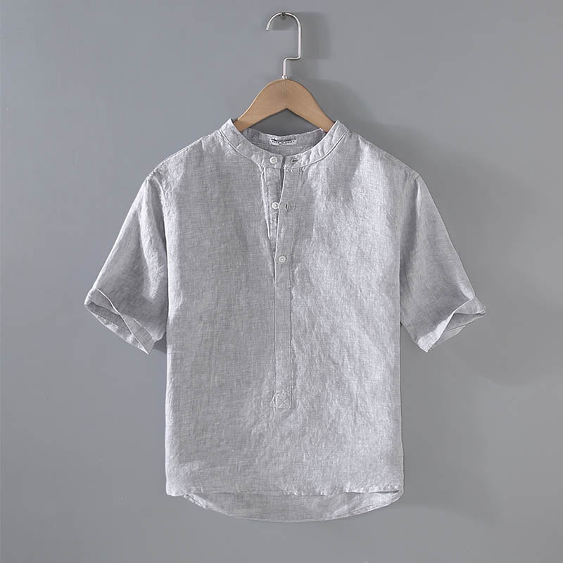 Cotton Linen Vintage Stand Collar Short Sleeve Shirt