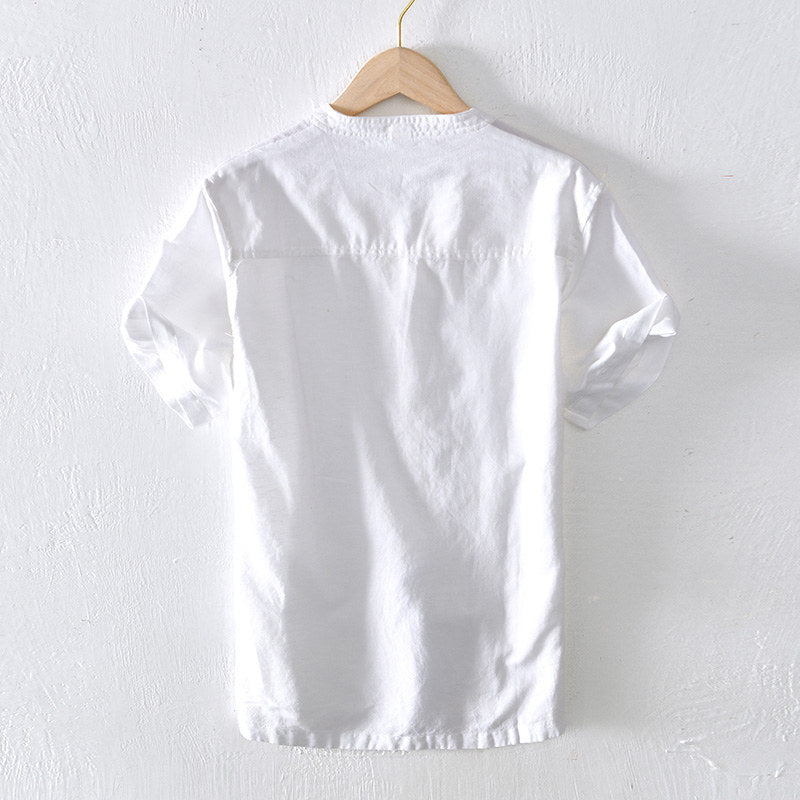 Cotton Linen Stand Collar Solid Color Short Sleeved Shirt