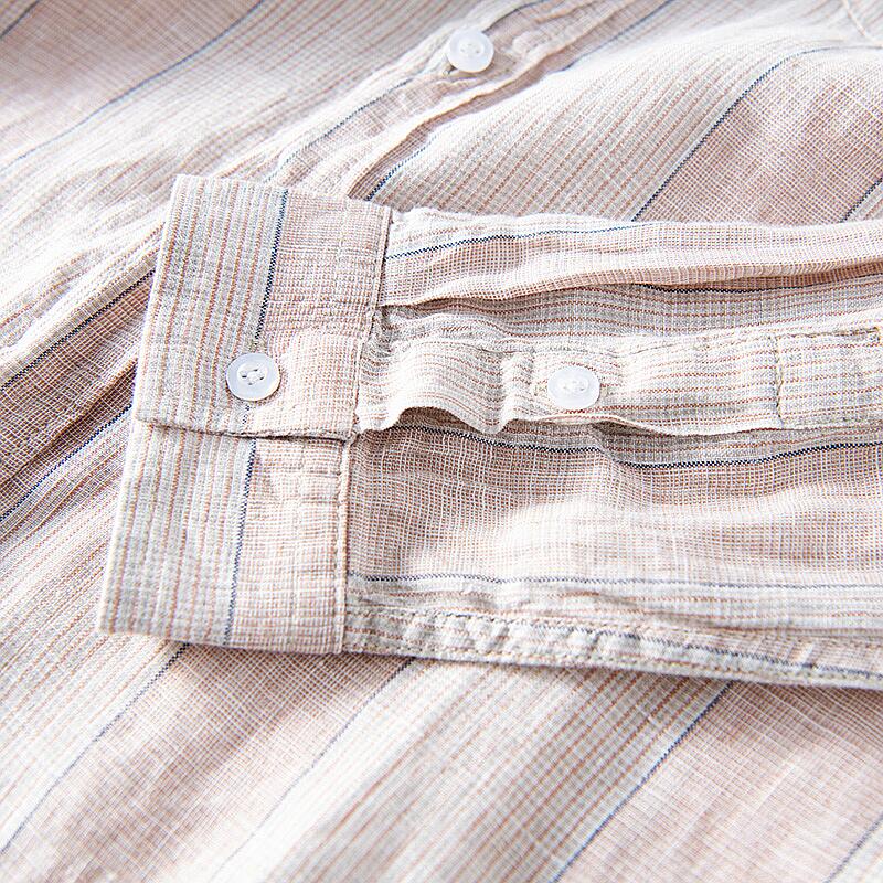 Pure Linen Stand Collar Striped Long Sleeve Shirt