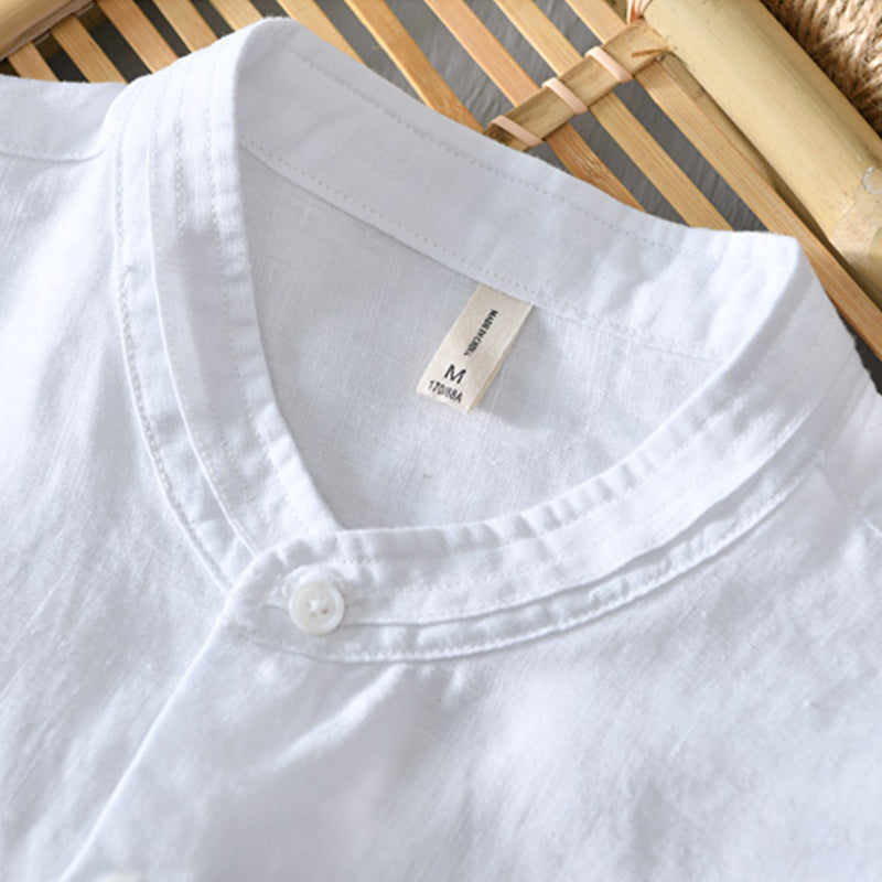 Pure Linen Stand Collar Three Quarter Sleeve Shirt