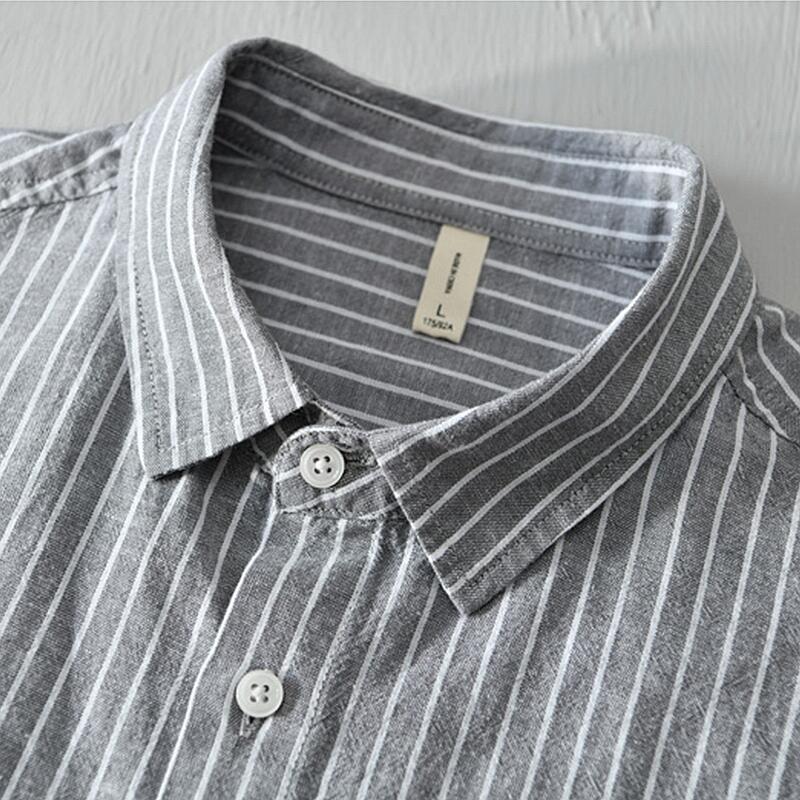 Cotton Linen Breathable Stand Collar Stripe Short Sleeved Shirt