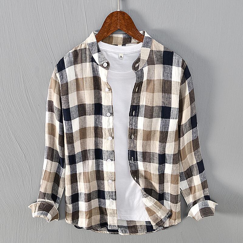 Pure Linen Check Print Long Sleeve Shirt