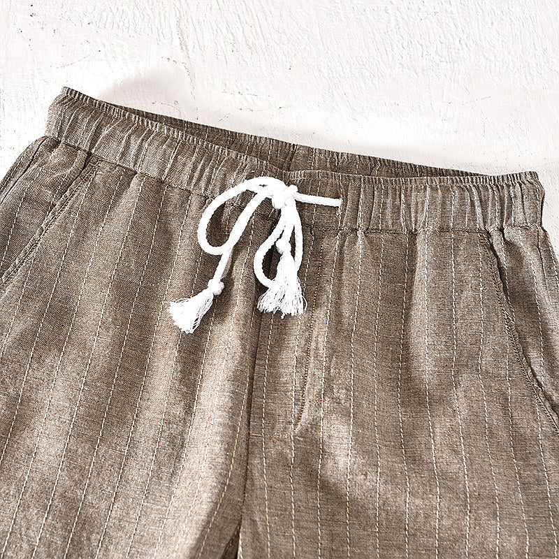 Cotton Linen Striped Drawstring Shorts