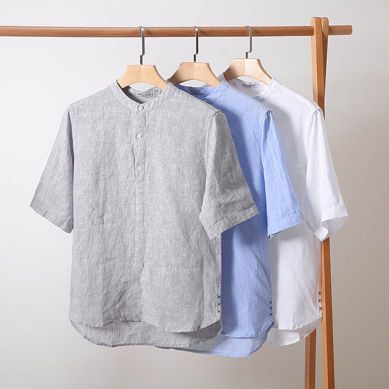 Cotton Linen Vintage Stand Collar Short Sleeve Shirt