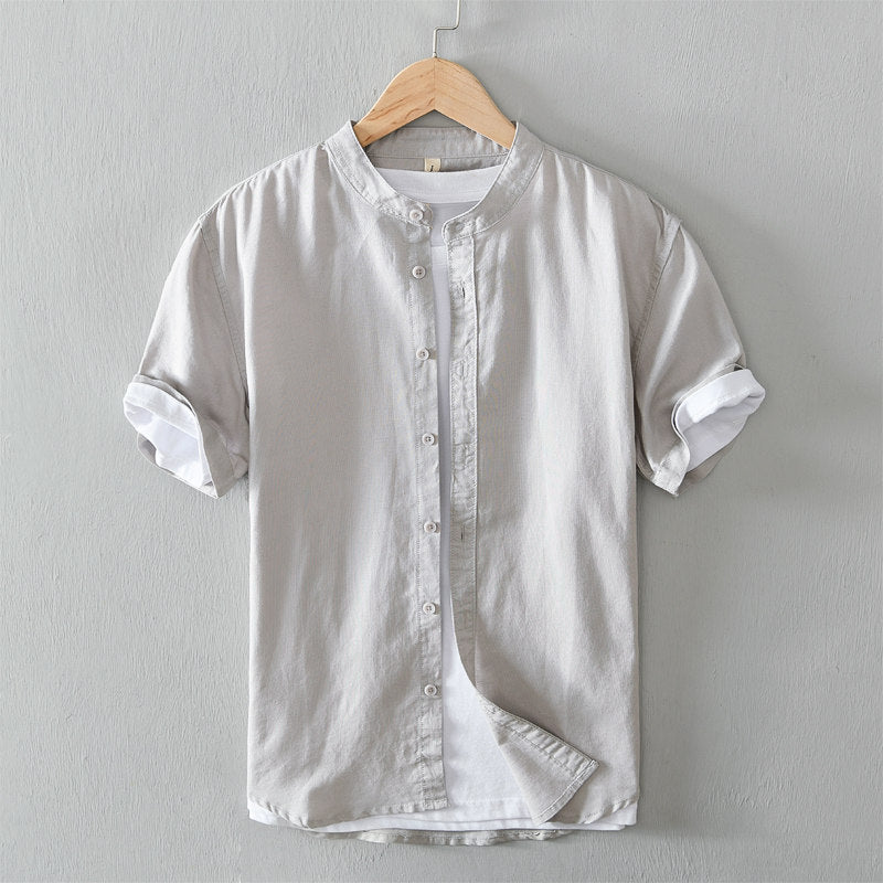 Cotton Linen Breathable Stand Collar Short Sleeved Shirt