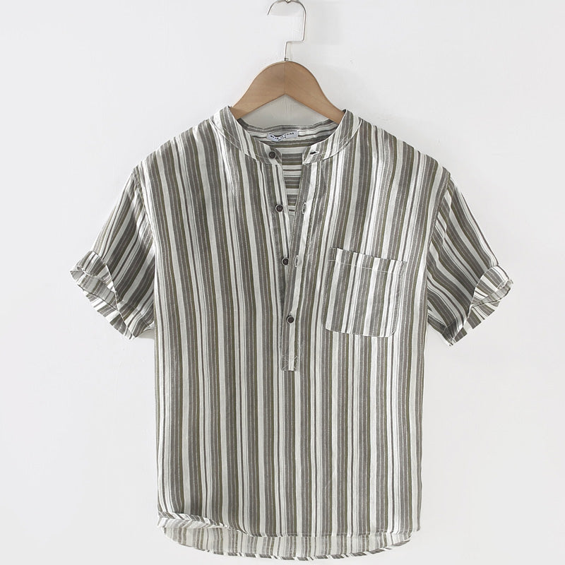 Pure Linen Stand Collar Striped Short Sleeve Shirt