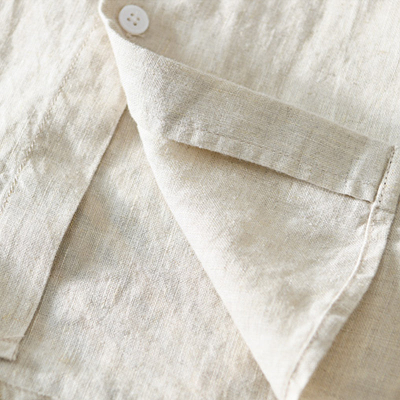 Pure Linen Stand Collar Three Quarter Sleeve Shirt