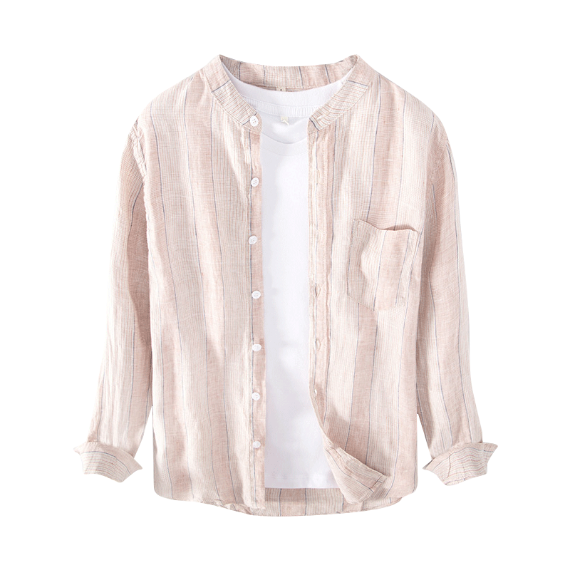 Pure Linen Stand Collar Striped Long Sleeve Shirt