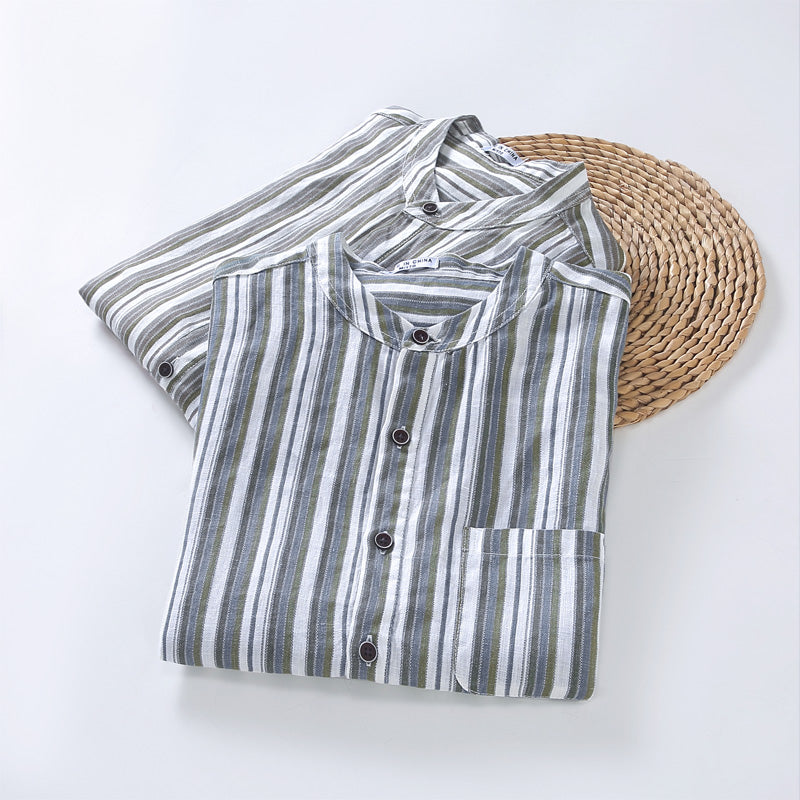 Pure Linen Stand Collar Striped Short Sleeve Shirt