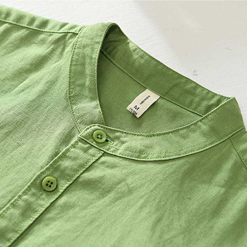 Cotton Linen Breathable Stand Collar Short Sleeved Shirt