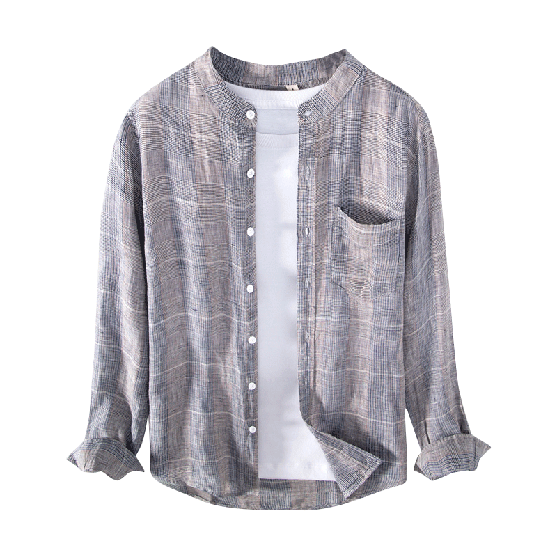 Pure Linen Stand Collar Striped Long Sleeve Shirt