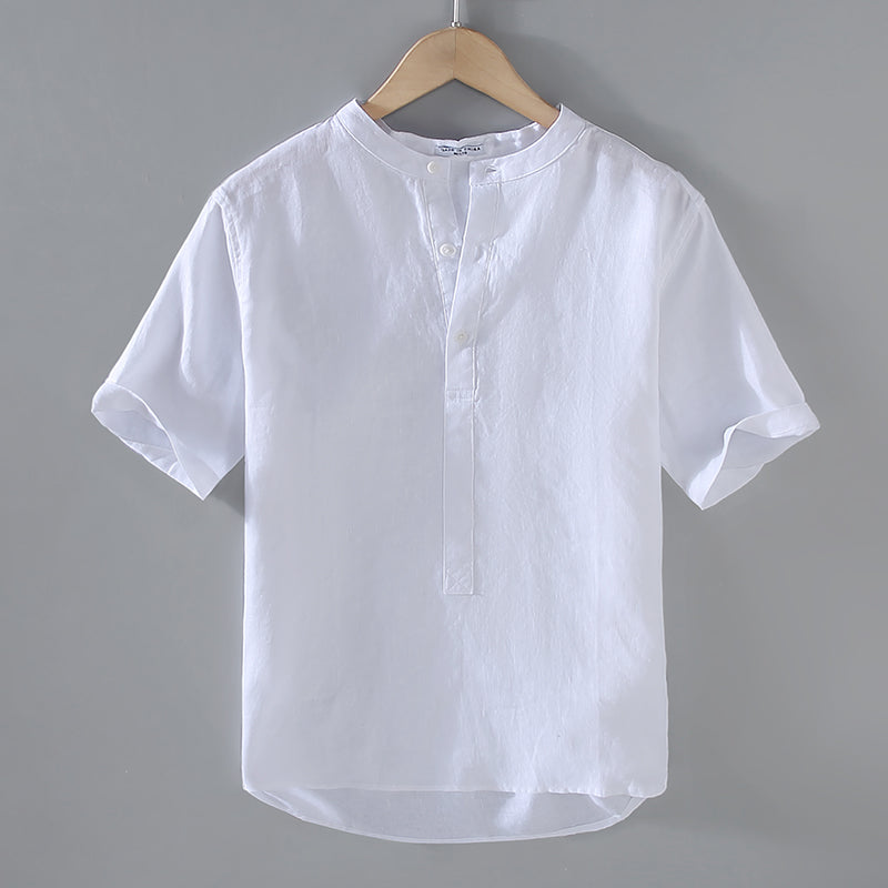 Cotton Linen Vintage Stand Collar Short Sleeve Shirt