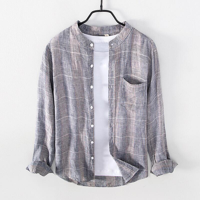 Pure Linen Stand Collar Striped Long Sleeve Shirt