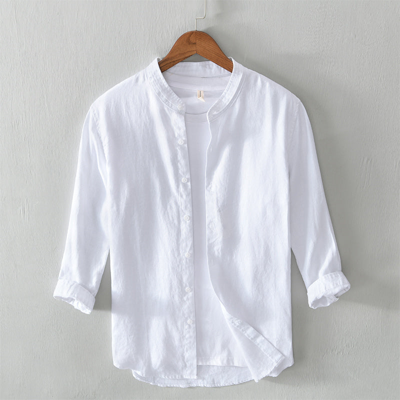 Pure Linen Stand Collar Three Quarter Sleeve Shirt