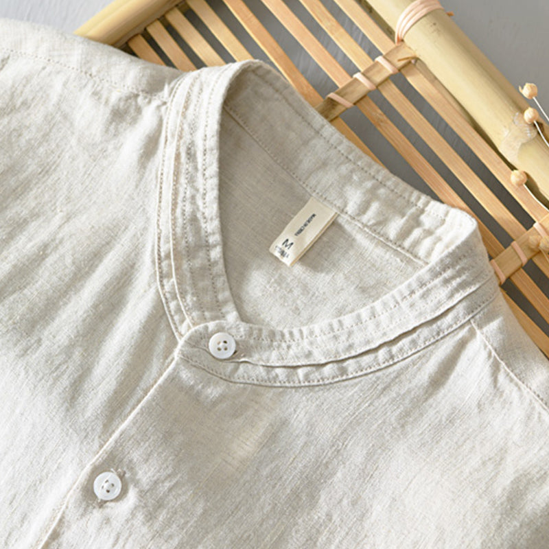 Pure Linen Stand Collar Three Quarter Sleeve Shirt