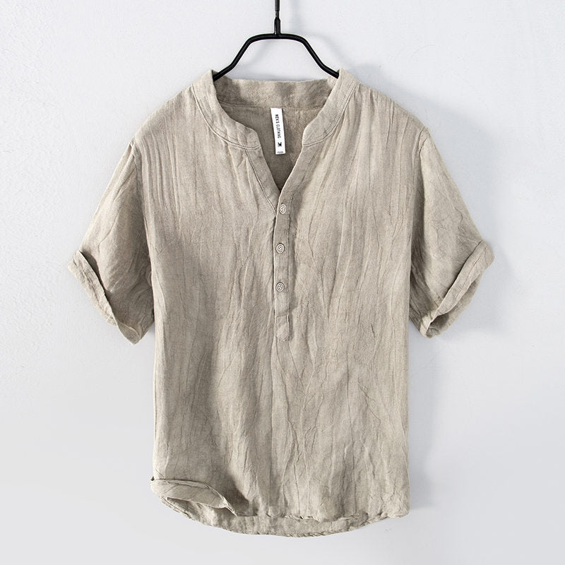 Pure Linen Vintage V-Neck Short Sleeve Shirt