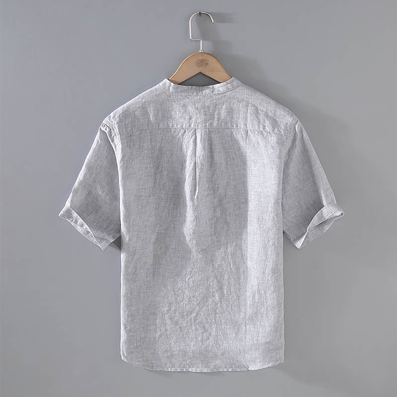 Cotton Linen Vintage Stand Collar Short Sleeve Shirt