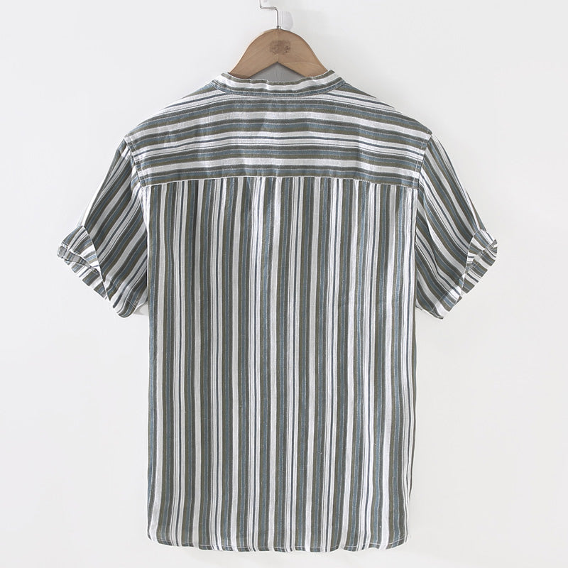 Pure Linen Stand Collar Striped Short Sleeve Shirt