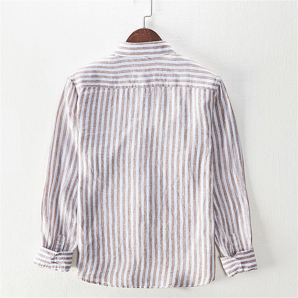 Pure Linen Striped Pocket Casual Long Sleeve Shirt