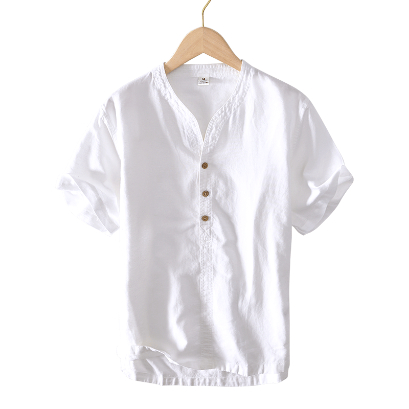 Cotton Linen Stand Collar Solid Color Short Sleeved Shirt