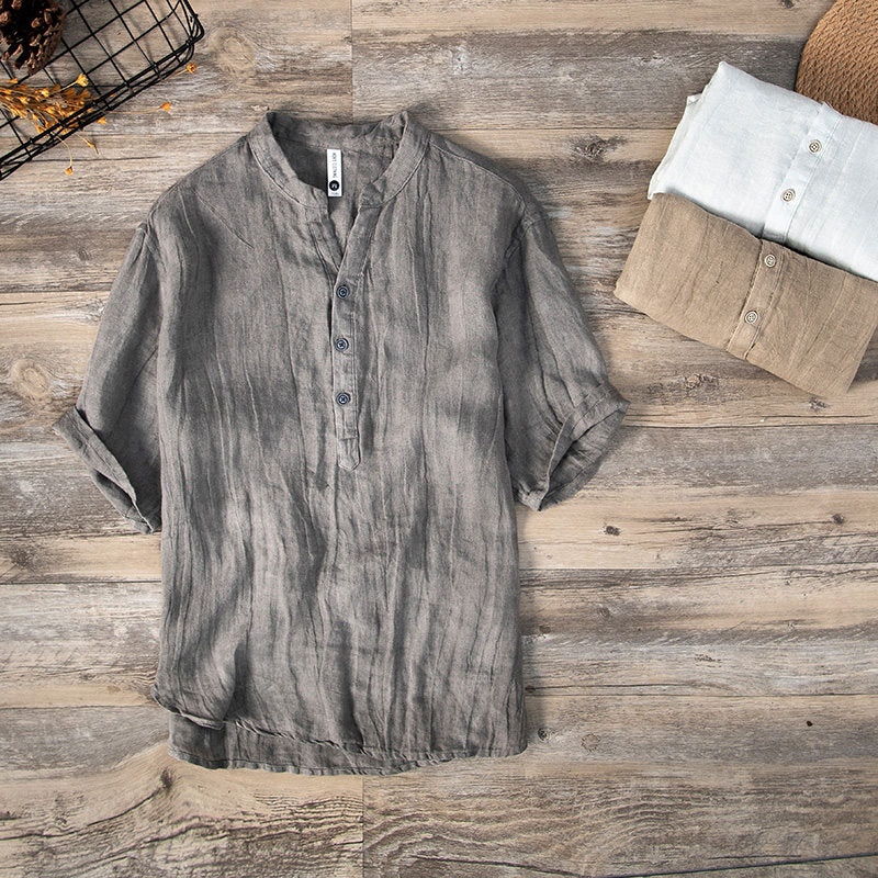 Pure Linen Vintage V-Neck Short Sleeve Shirt