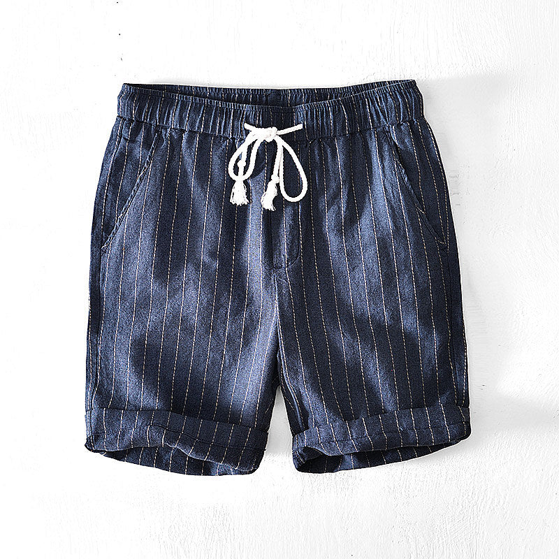 Cotton Linen Striped Drawstring Shorts