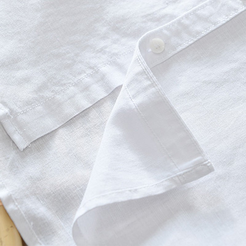 Cotton Linen Breathable Stand Collar Short Sleeved Shirt