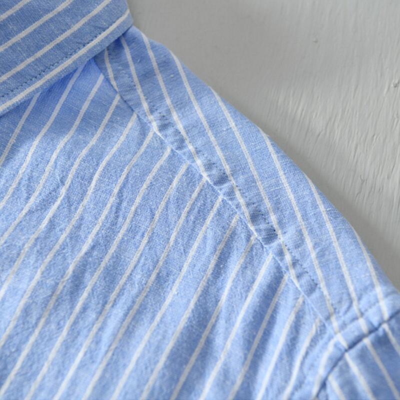 Cotton Linen Breathable Stand Collar Stripe Short Sleeved Shirt