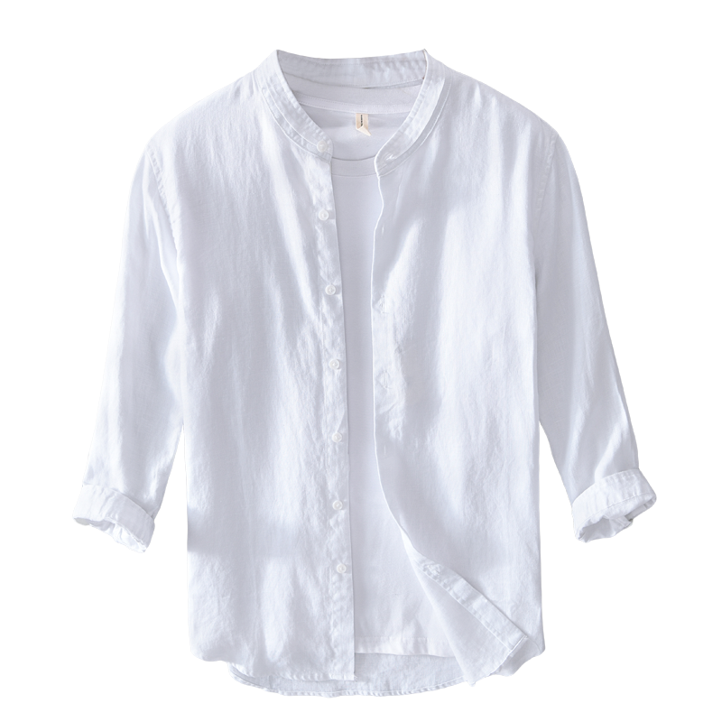 Pure Linen Stand Collar Three Quarter Sleeve Shirt