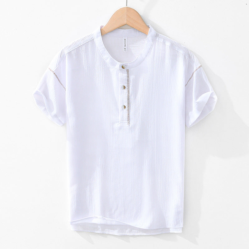 Linen Ramie Half-Open Short-Sleeved Shirt