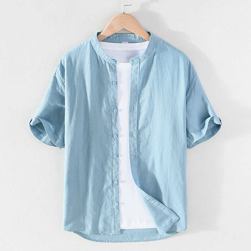 Cotton Linen Breathable Stand Collar Short Sleeved Shirt