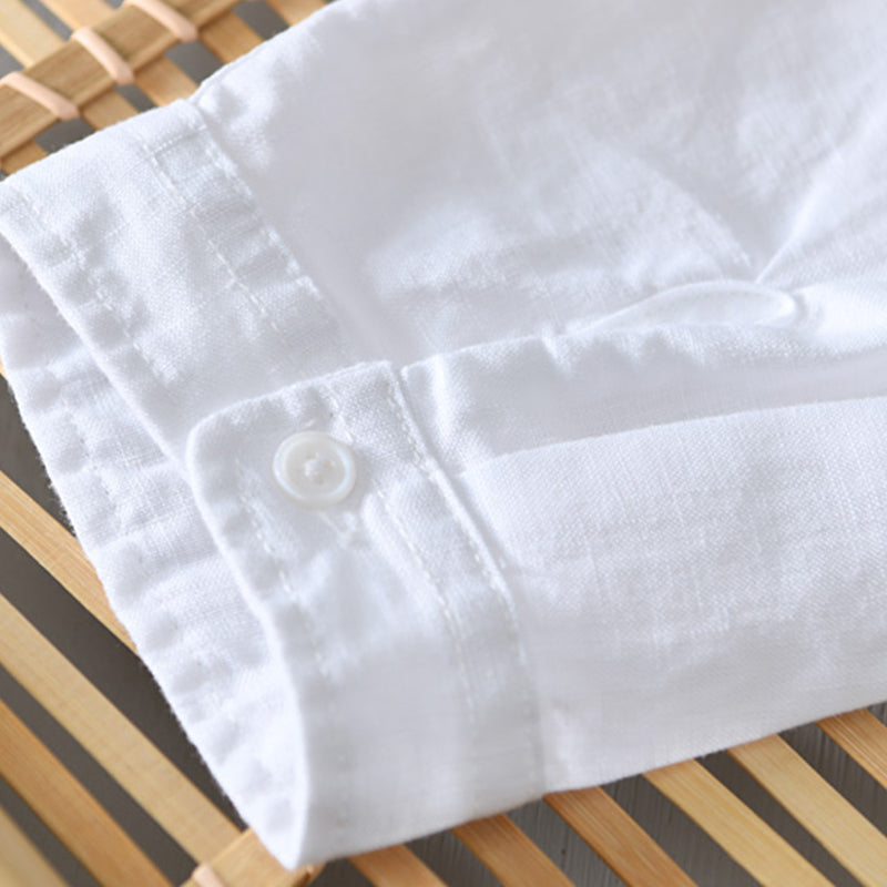 Pure Linen Stand Collar Three Quarter Sleeve Shirt