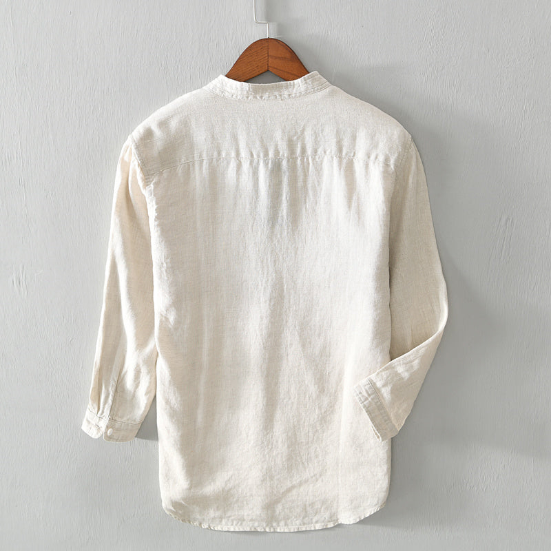 Pure Linen Stand Collar Three Quarter Sleeve Shirt