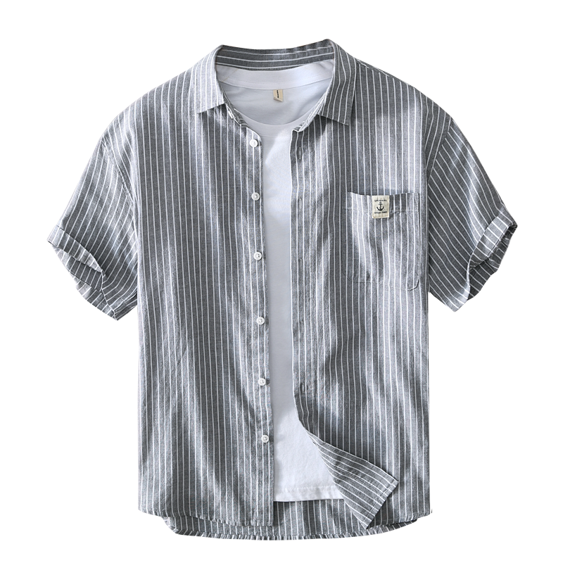 Cotton Linen Breathable Stand Collar Stripe Short Sleeved Shirt