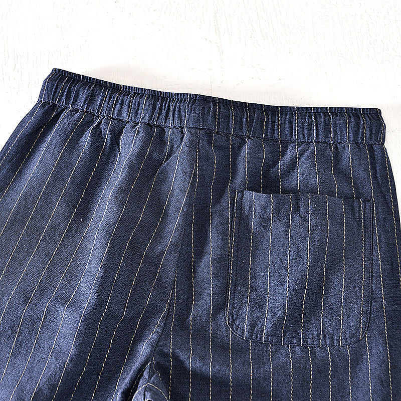 Cotton Linen Striped Drawstring Shorts