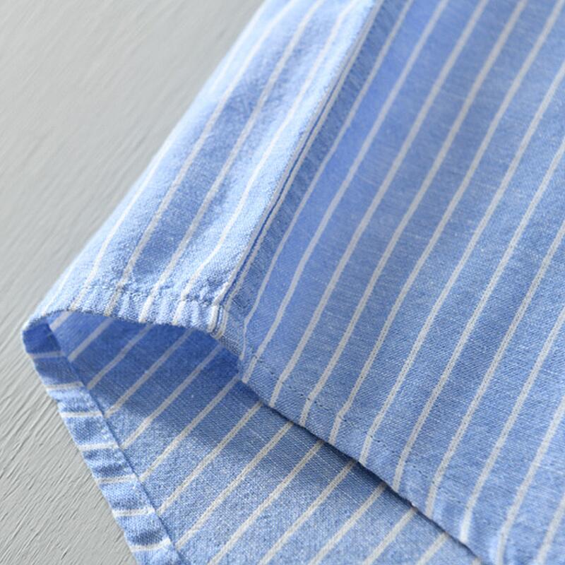 Cotton Linen Breathable Stand Collar Stripe Short Sleeved Shirt