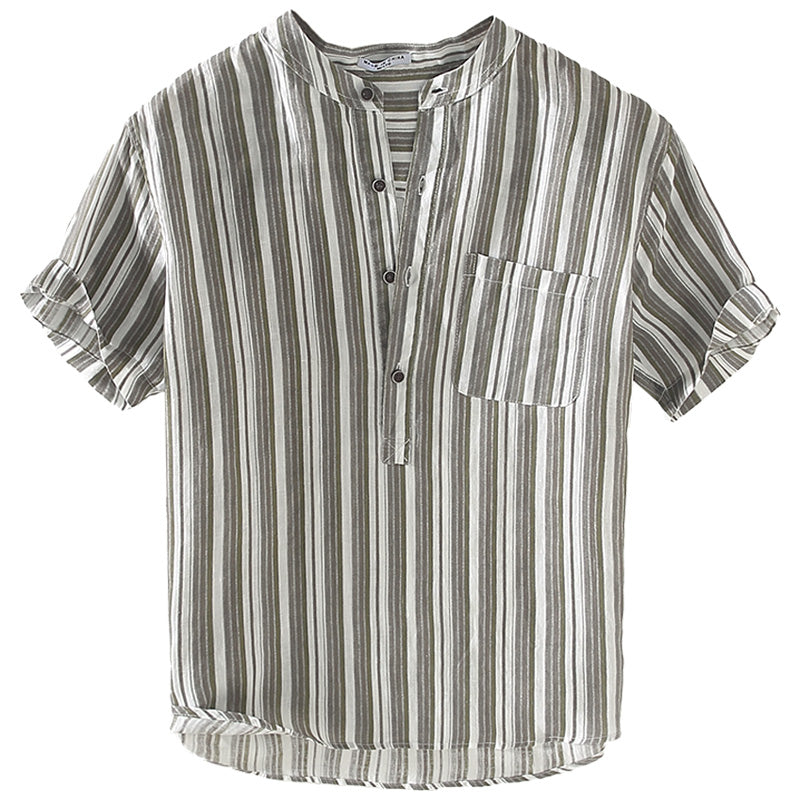 Pure Linen Stand Collar Striped Short Sleeve Shirt