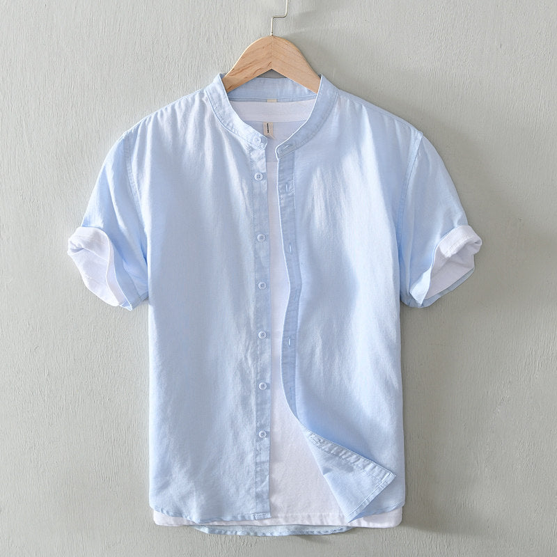 Cotton Linen Breathable Stand Collar Short Sleeved Shirt