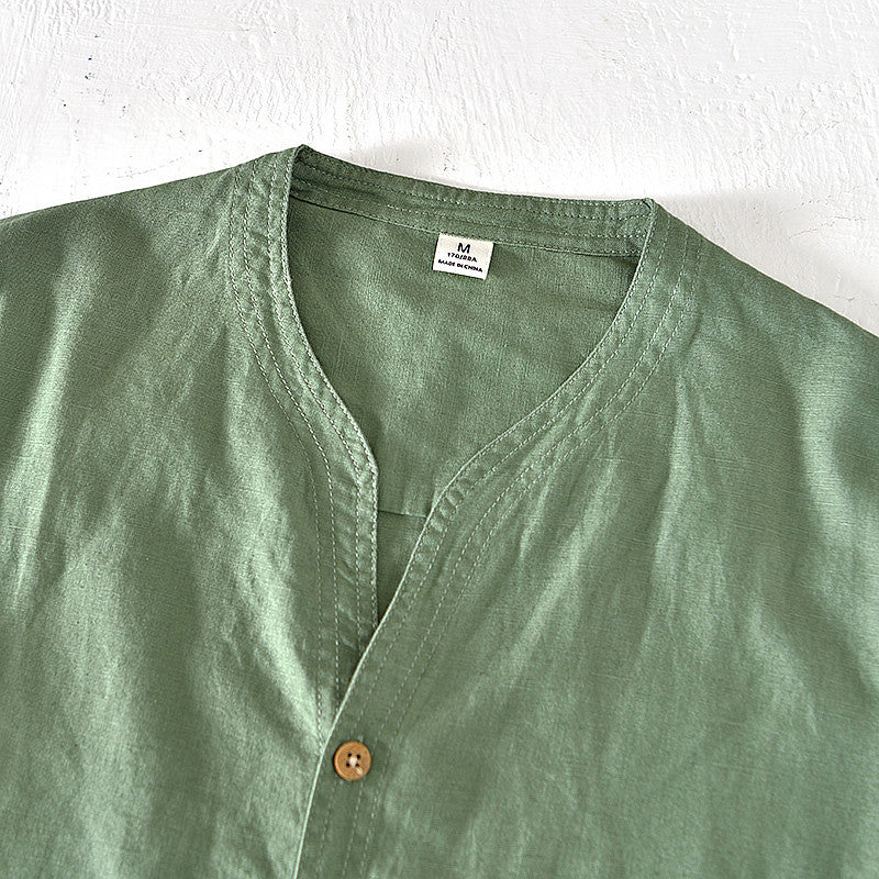 Cotton Linen Stand Collar Solid Color Short Sleeved Shirt