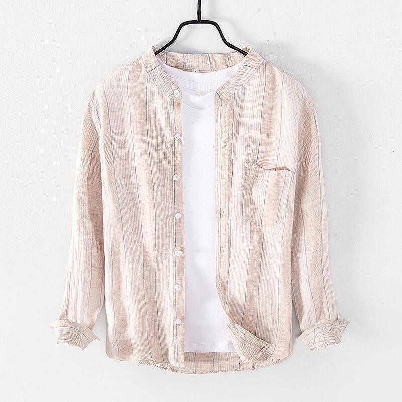 Pure Linen Stand Collar Striped Long Sleeve Shirt